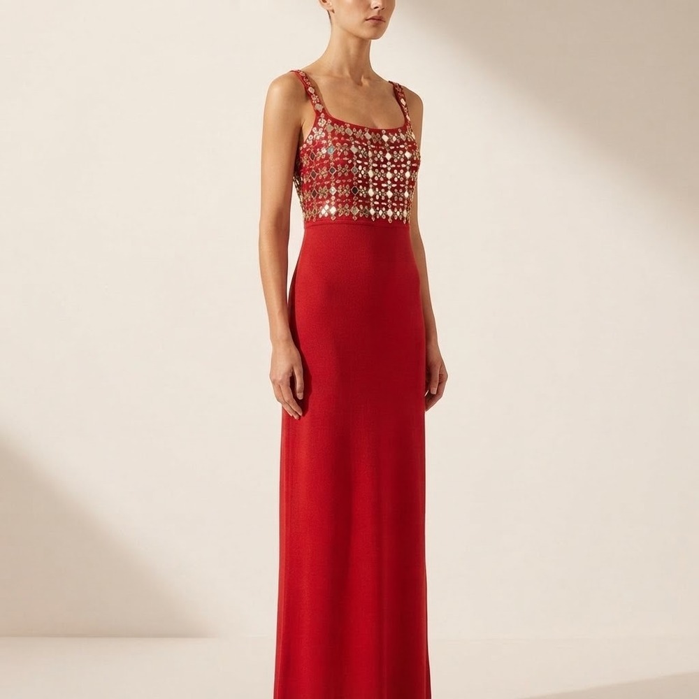 St. John Evening Red Knit Sequin Embellished Midi Dress Size 12 Flaw Formal